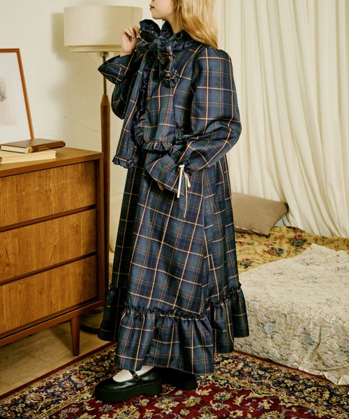 セール】【クティールとレトロ】2WAYフリルボウタイチェックワンピース