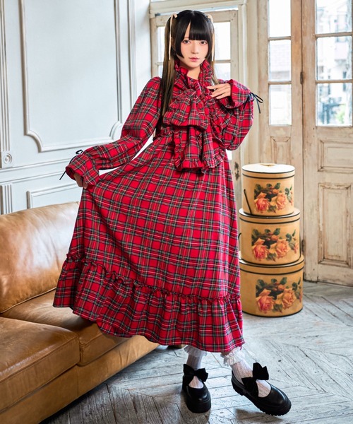 セール】【クティールとレトロ】2WAYフリルボウタイチェックワンピース