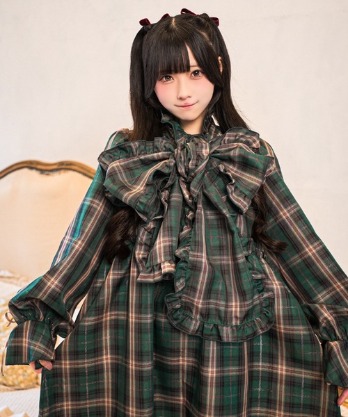 セール】【クティールとレトロ】2WAYフリルボウタイチェックワンピース