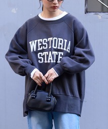 カレッジロゴ刺繍サイドスリット裏起毛オーバーサイズスウェットブラック系1