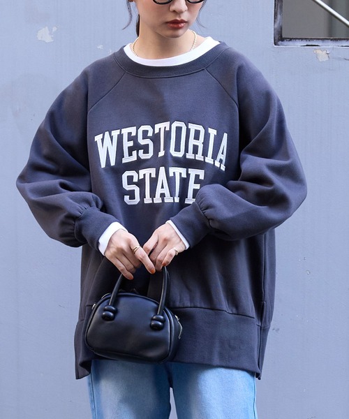 カレッジロゴ刺繍サイドスリット裏起毛オーバーサイズスウェット