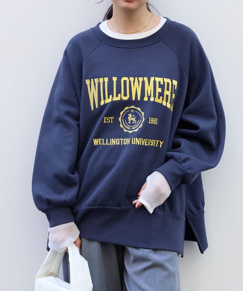 カレッジロゴ刺繍サイドスリット裏起毛オーバーサイズスウェット