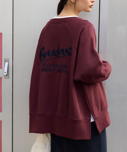 カレッジロゴ刺繍サイドスリット裏起毛オーバーサイズスウェット