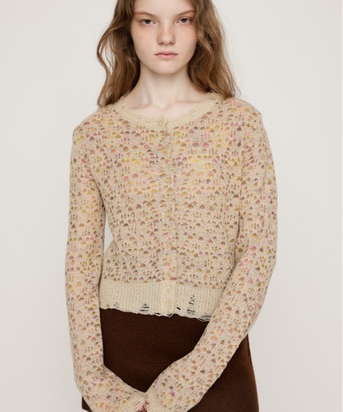 SLY(スライ)の「TWIN BLOOM KNIT C/D ツイン ブルーム ニット カーディガン 秋服 冬服(カーディガン/ボレロ・レディース・ベージュ/ブラウン/ピンク・FREE)」の1枚目の写真