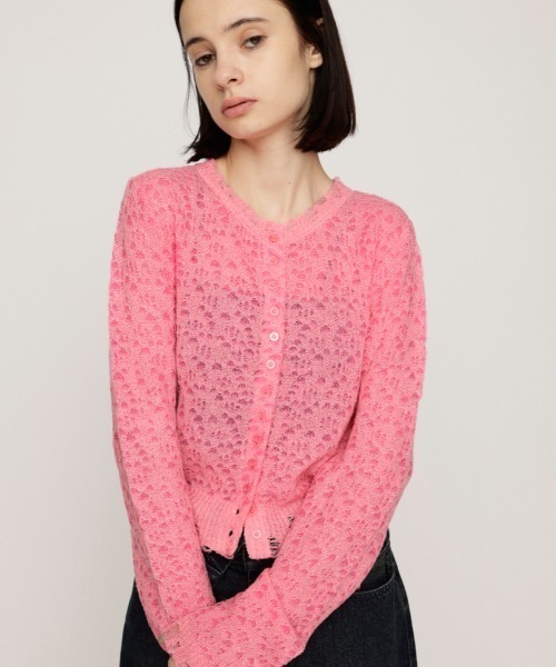 SLY(スライ)の「TWIN BLOOM KNIT C/D ツイン ブルーム ニット カーディガン 秋服 冬服(カーディガン/ボレロ・レディース・ベージュ/ブラウン/ピンク・FREE)」の3枚目の写真