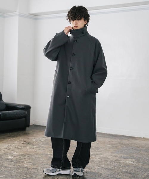 Rocky Monroe(ロッキーモンロー)の「オーバーサイズ T/M ラグランロングステンカラーコート/2WAYチンストラップ付きスタンドネックロングコート(ステンカラーコート・メンズ・ブラック/チェック/チャコール/ブラウン/グレイッシュベージュ・L/M)」の15枚目の写真