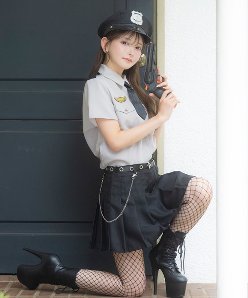 コスプレ 警官 かわいい ポリス 半袖 ワッペン シャツ プリーツ フレアスカート セットアップ 6点セット
