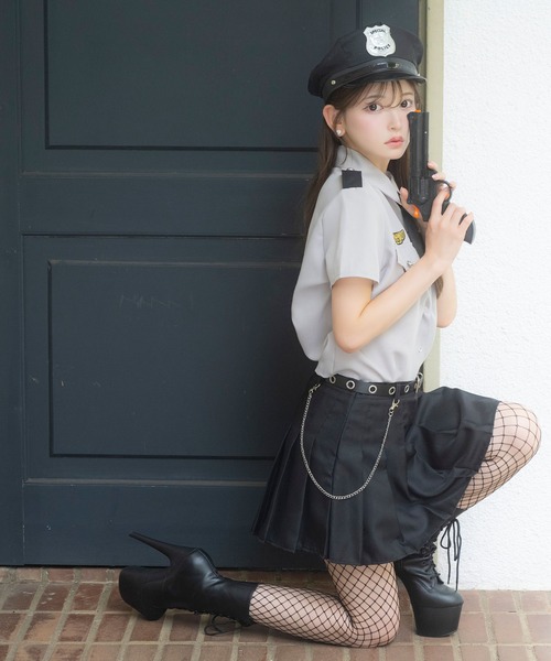 コスプレ 警官 かわいい ポリス 半袖 ワッペン シャツ プリーツ フレア