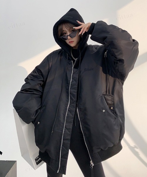 韓国ファッション Oisisオーバーサイズフード付き中綿入りMA-1ブルゾン