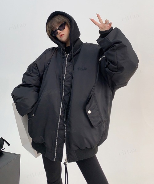 Dalfwin(ダールフィン)の「韓国ファッション Oisisオーバーサイズフード付き中綿入りMA-1ブルゾン(MA-1・レディース・ブラック/グレー・FREE)」の5枚目の写真