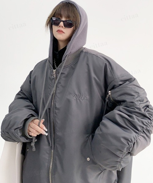 Dalfwin(ダールフィン)の「韓国ファッション Oisisオーバーサイズフード付き中綿入りMA-1ブルゾン(MA-1・レディース・ブラック/グレー・FREE)」の15枚目の写真