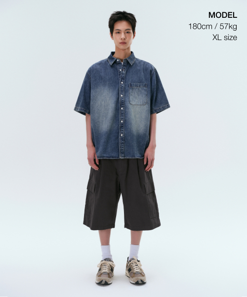 MUSINSA STANDARD（ムシンサスタンダード）の「ビッグブラシリラックスド半袖デニムシャツ[ミディアムインディゴ]（シャツ/ブラウス・メンズ・その他・SMALL/MEDIUM/LARGE/XX-LARGE/X-LARGE）」の2枚目の写真