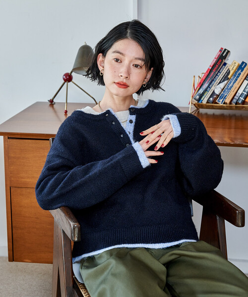 セール】配色 ヘンリーネック ニットプルオーバー（ニット/セーター