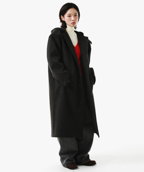 PIECEMAKER(ピースメーカー)の「HAND STITCH HOODIE MAXI WOOL COAT (CHARCOAL)(チェスターコート・レディース・その他・LARGE/MEDIUM)」の2枚目の写真