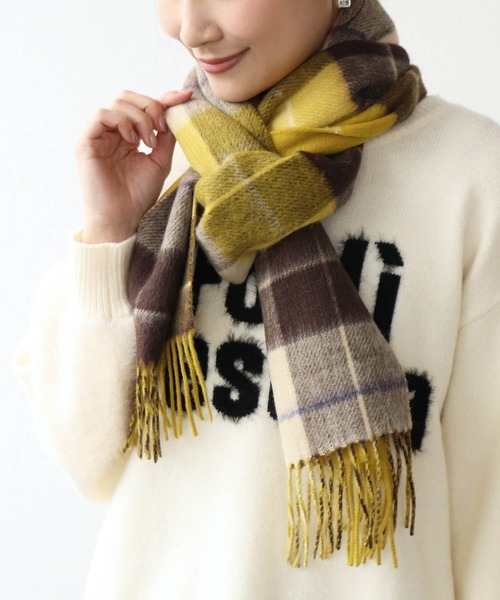 Jines(ジネス)の「カシミヤ混 リバーチェックマフラー(ストール/ショール・レディース・イエロー/ピンク・FREE)」の1枚目の写真