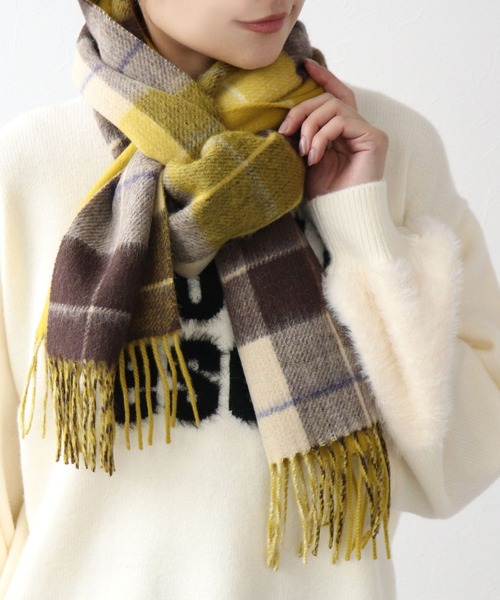 Jines(ジネス)の「カシミヤ混 リバーチェックマフラー(ストール/ショール・レディース・イエロー/ピンク・FREE)」の3枚目の写真
