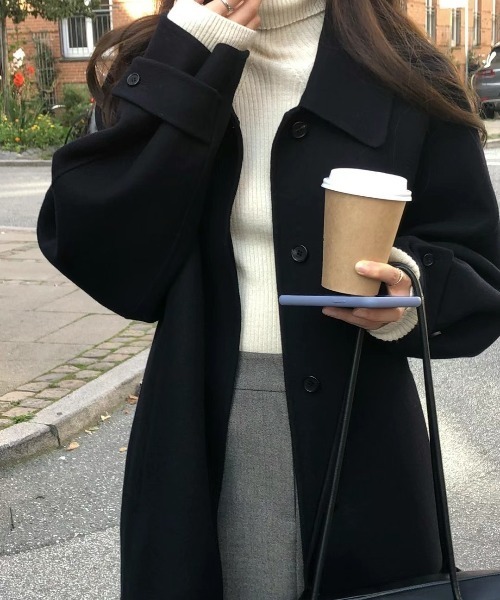 Aelina（エリナ）の「襟付きメルトンシングルブレストコート（ステンカラーコート・レディース・ブラック/ネイビー/ブラウン・S/M/L/XL）」の19枚目の写真