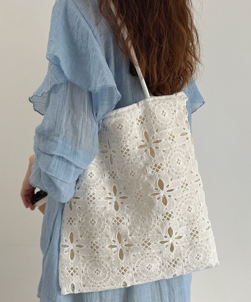 A4収納可 クロシェ 刺繍 レーストートバッグ cula1372（トートバッグ