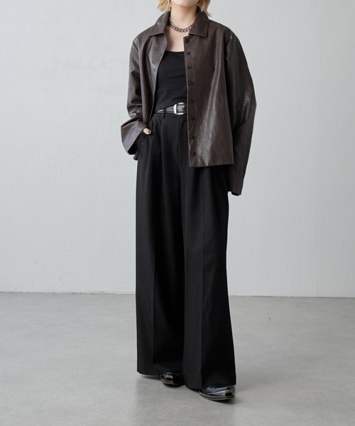 Lui's（ルイス）の「フェイクレザーシャツジャケット（テーラードジャケット・レディース・ブラック/ブラウン・FREE）」の11枚目の写真