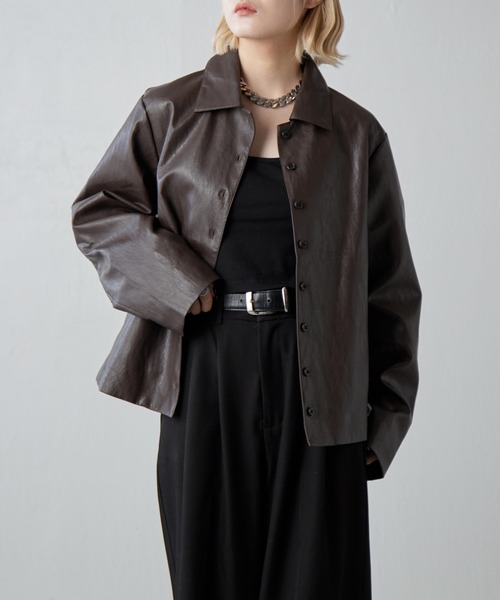 Lui's（ルイス）の「フェイクレザーシャツジャケット（テーラードジャケット・レディース・ブラック/ブラウン・FREE）」の10枚目の写真