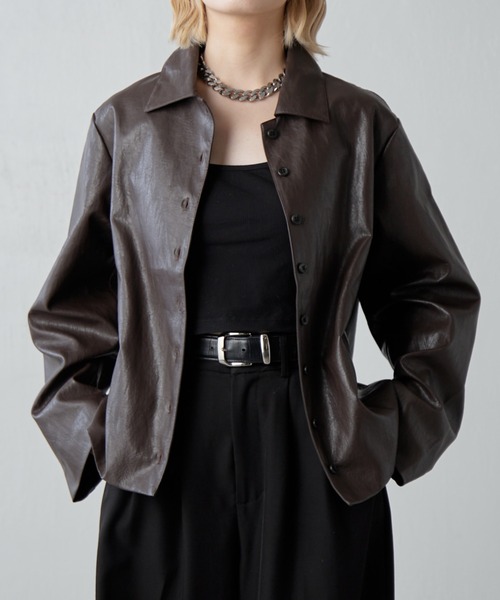 Lui's（ルイス）の「フェイクレザーシャツジャケット（テーラードジャケット・レディース・ブラック/ブラウン・FREE）」の21枚目の写真