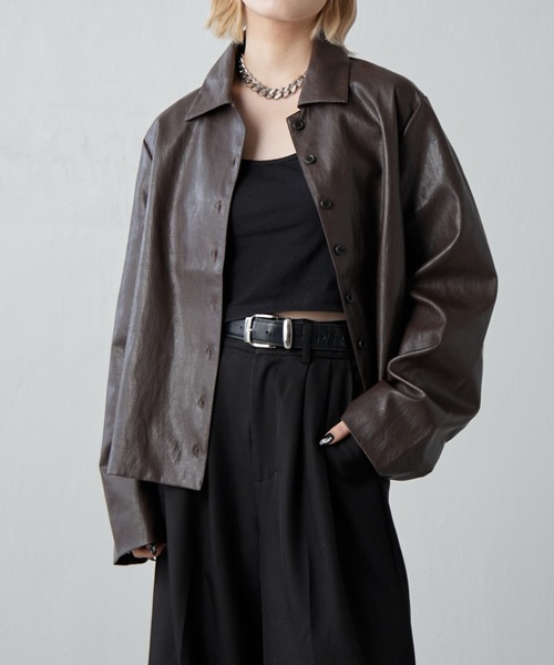 Lui's（ルイス）の「フェイクレザーシャツジャケット（テーラードジャケット・レディース・ブラック/ブラウン・FREE）」の9枚目の写真