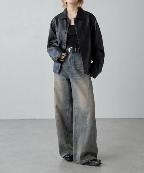 Lui's（ルイス）の「フェイクレザーシャツジャケット（テーラードジャケット・レディース・ブラック/ブラウン・FREE）」の5枚目の写真