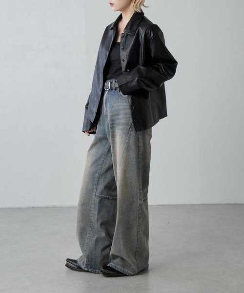 Lui's（ルイス）の「フェイクレザーシャツジャケット（テーラードジャケット・レディース・ブラック/ブラウン・FREE）」の6枚目の写真