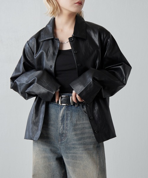 Lui's（ルイス）の「フェイクレザーシャツジャケット（テーラードジャケット・レディース・ブラック/ブラウン・FREE）」の3枚目の写真