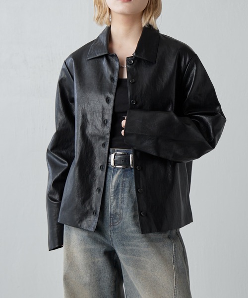 Lui's（ルイス）の「フェイクレザーシャツジャケット（テーラードジャケット・レディース・ブラック/ブラウン・FREE）」の20枚目の写真