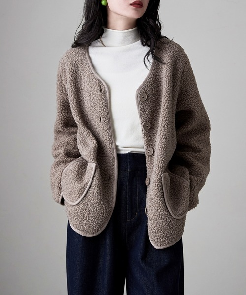 etoll.(エトル)の「ノーカラーライトボアコート(ノーカラージャケット・レディース・ブラウン/モカ/オフホワイト/ブラック・M~L)」の14枚目の写真
