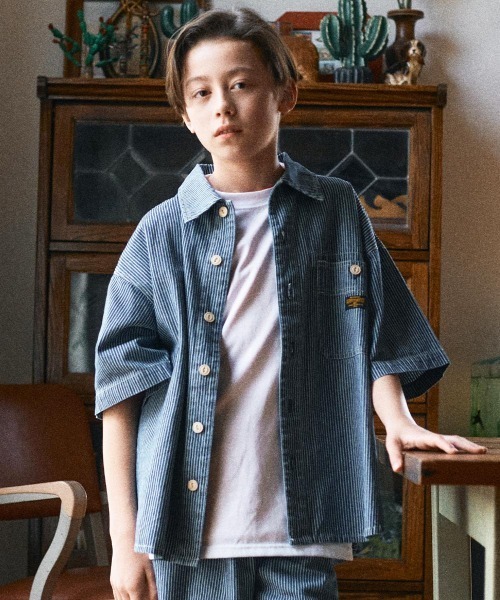 KRIFF MAYER Kid's Collection（クリフメイヤーキッズコレクション）の「ワークステッチデニムシャツ（セットアップ可）（シャツ/ブラウス・キッズ・ネイビー系1/ダークブルー/ストライプ/ライトブルー・120/130/140/150/160/170）」の3枚目の写真