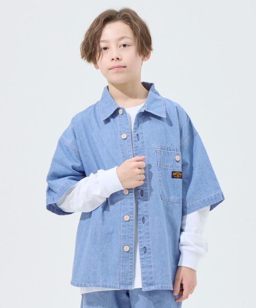 KRIFF MAYER Kid's Collection（クリフメイヤーキッズコレクション）の「ワークステッチデニムシャツ（セットアップ可）（シャツ/ブラウス・キッズ・ネイビー系1/ダークブルー/ストライプ/ライトブルー・120/130/140/150/160/170）」の5枚目の写真