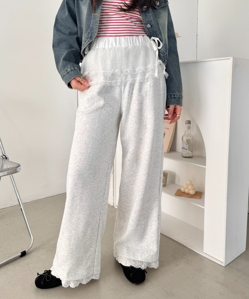 SOLLON.（ソルロン）の「ウエストチュール裾レースパンツ（スウェットパンツ・レディース・アイボリー/オートミール/グレー/ブラック・FREE）」の4枚目の写真