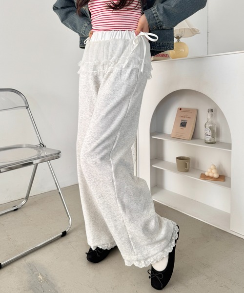 SOLLON.（ソルロン）の「ウエストチュール裾レースパンツ（スウェットパンツ・レディース・アイボリー/オートミール/グレー/ブラック・FREE）」の16枚目の写真