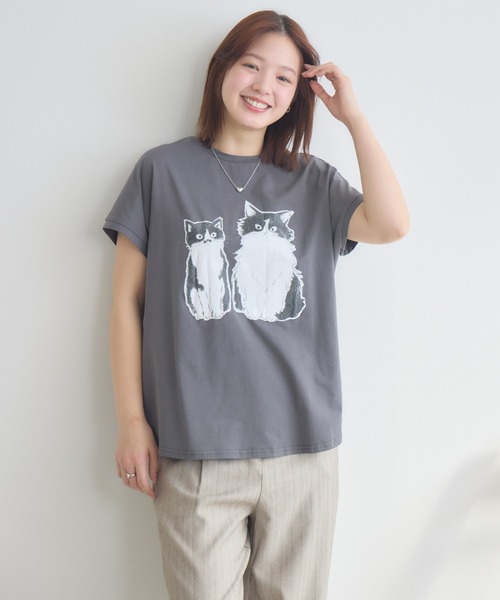 meeny miny（ミーニーマイニー）の「【meeny miny】CAT & BAKES 9456『ドキッ』Tシャツ（Tシャツ/カットソー・レディース・チャコールグレー/ホワイト/ベージュ・M-L/S-M）」の16枚目の写真
