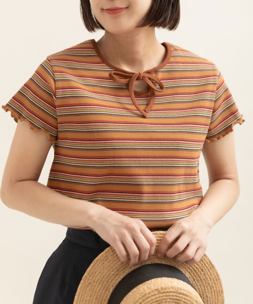 CHILD WOMAN(チャイルドウーマン)の「マルチボーダーテレコ パイピングリボンプルオーバー(Tシャツ/カットソー・レディース・ブラウン/ホワイト/アイボリー/グレー・FREE)」の4枚目の写真