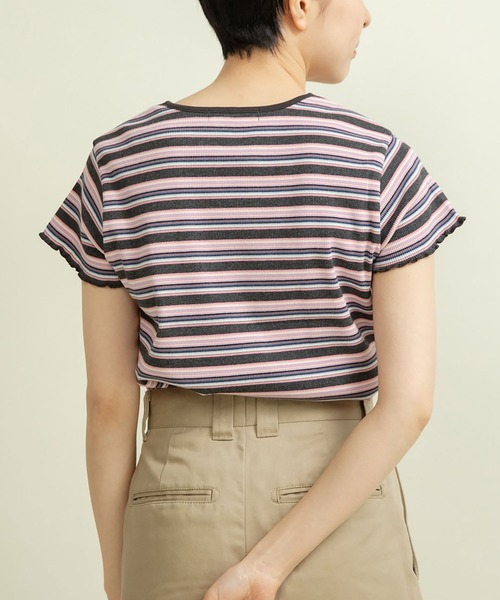 CHILD WOMAN(チャイルドウーマン)の「マルチボーダーテレコ パイピングリボンプルオーバー(Tシャツ/カットソー・レディース・ブラウン/ホワイト/アイボリー/グレー・FREE)」の3枚目の写真