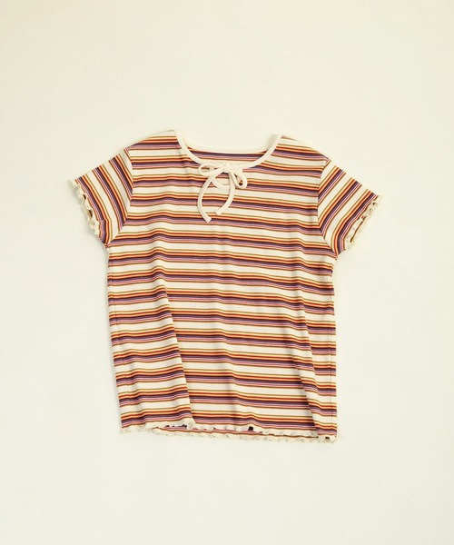 CHILD WOMAN(チャイルドウーマン)の「マルチボーダーテレコ パイピングリボンプルオーバー(Tシャツ/カットソー・レディース・ブラウン/ホワイト/アイボリー/グレー・FREE)」の2枚目の写真