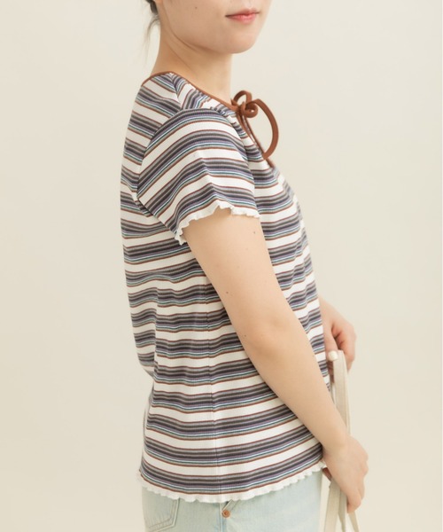 CHILD WOMAN(チャイルドウーマン)の「マルチボーダーテレコ パイピングリボンプルオーバー(Tシャツ/カットソー・レディース・ブラウン/ホワイト/アイボリー/グレー・FREE)」の18枚目の写真
