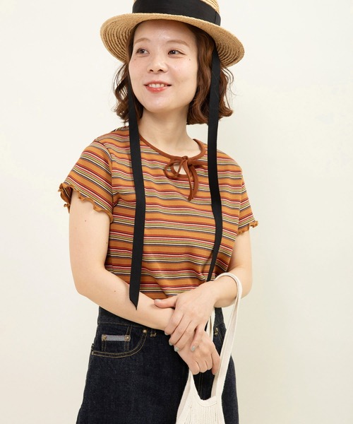 CHILD WOMAN(チャイルドウーマン)の「マルチボーダーテレコ パイピングリボンプルオーバー(Tシャツ/カットソー・レディース・ブラウン/ホワイト/アイボリー/グレー・FREE)」の22枚目の写真