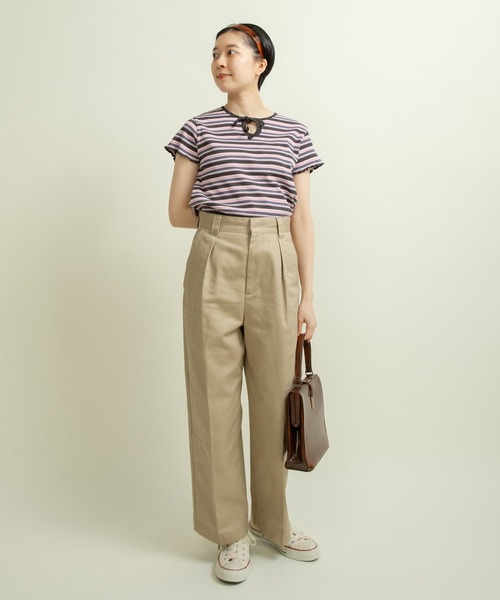 CHILD WOMAN(チャイルドウーマン)の「マルチボーダーテレコ パイピングリボンプルオーバー(Tシャツ/カットソー・レディース・ブラウン/ホワイト/アイボリー/グレー・FREE)」の6枚目の写真