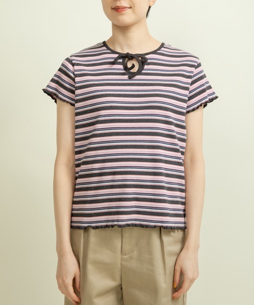 CHILD WOMAN(チャイルドウーマン)の「マルチボーダーテレコ パイピングリボンプルオーバー(Tシャツ/カットソー・レディース・ブラウン/ホワイト/アイボリー/グレー・FREE)」の9枚目の写真