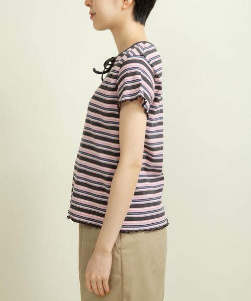 CHILD WOMAN(チャイルドウーマン)の「マルチボーダーテレコ パイピングリボンプルオーバー(Tシャツ/カットソー・レディース・ブラウン/ホワイト/アイボリー/グレー・FREE)」の10枚目の写真