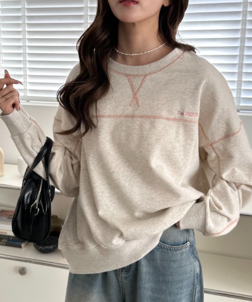 umune(ウムネ)の「スウェット ステッチ 配色 プルオーバー トレーナー 裏毛 クルーネック ビッグシルエット 長袖 トップス カジュアル 秋冬(スウェット・レディース・ブラック/オートミール/ケリーグリーン・FREE)」の1枚目の写真