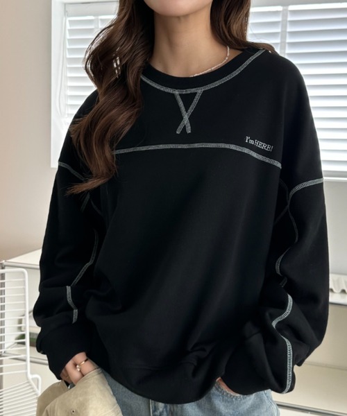 umune(ウムネ)の「スウェット ステッチ 配色 プルオーバー トレーナー 裏毛 クルーネック ビッグシルエット 長袖 トップス カジュアル 秋冬(スウェット・レディース・ブラック/オートミール/ケリーグリーン・FREE)」の2枚目の写真