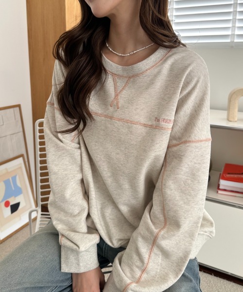 umune(ウムネ)の「スウェット ステッチ 配色 プルオーバー トレーナー 裏毛 クルーネック ビッグシルエット 長袖 トップス カジュアル 秋冬(スウェット・レディース・ブラック/オートミール/ケリーグリーン・FREE)」の4枚目の写真