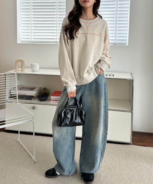 umune(ウムネ)の「スウェット ステッチ 配色 プルオーバー トレーナー 裏毛 クルーネック ビッグシルエット 長袖 トップス カジュアル 秋冬(スウェット・レディース・ブラック/オートミール/ケリーグリーン・FREE)」の6枚目の写真