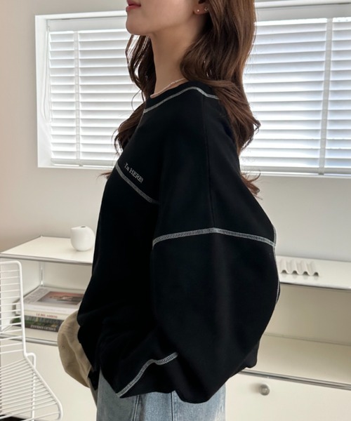 umune(ウムネ)の「スウェット ステッチ 配色 プルオーバー トレーナー 裏毛 クルーネック ビッグシルエット 長袖 トップス カジュアル 秋冬(スウェット・レディース・ブラック/オートミール/ケリーグリーン・FREE)」の7枚目の写真