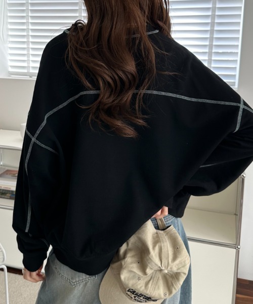 umune(ウムネ)の「スウェット ステッチ 配色 プルオーバー トレーナー 裏毛 クルーネック ビッグシルエット 長袖 トップス カジュアル 秋冬(スウェット・レディース・ブラック/オートミール/ケリーグリーン・FREE)」の8枚目の写真